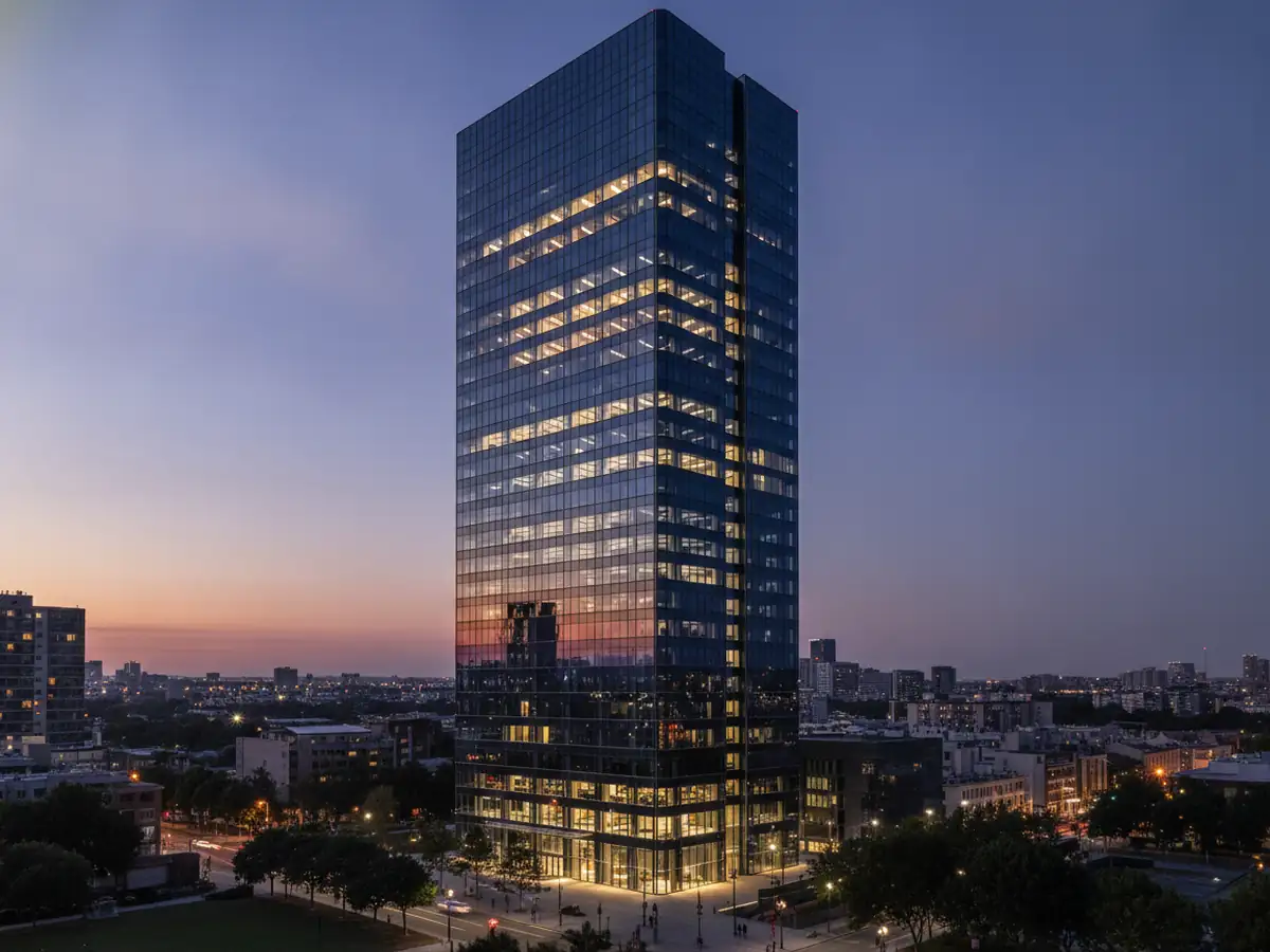 A commercial office tower at blue hour