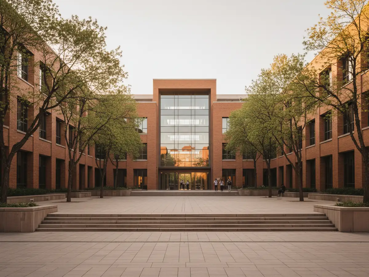 A university campus building and courtyard at golden hour