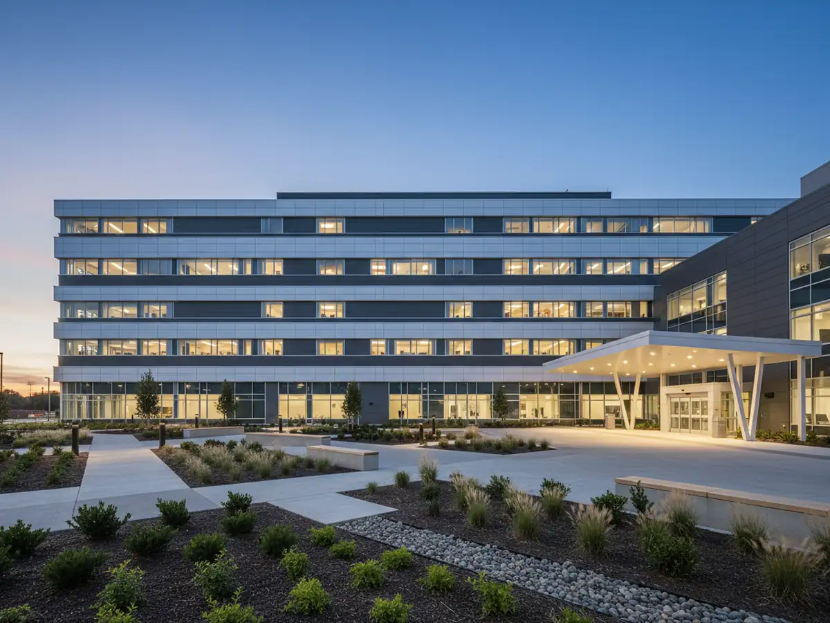 A contemporary hospital building at dusk