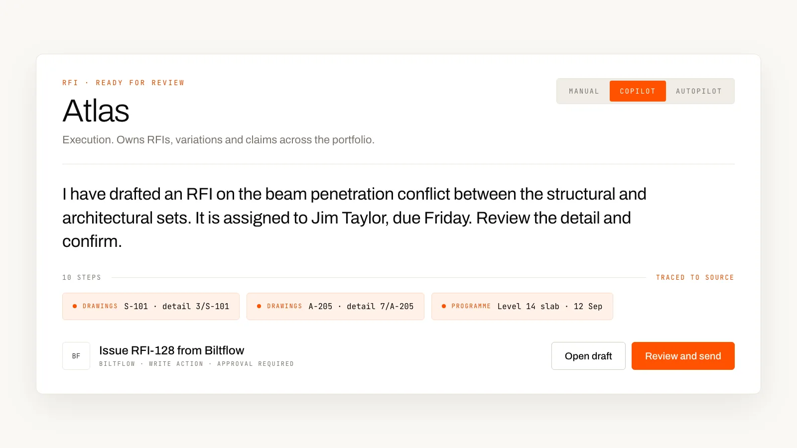 Atlas holding an RFI for review before submitting to Procore